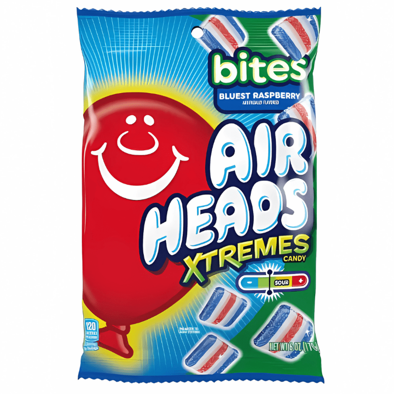 Airheads Extreme Bites Blue Raspberry Peg Bag 170g Verpackung
Airheads Extreme Bites Blue Raspberry saure Fruchtgummis USA
Airheads Extreme Bites Blue Raspberry Candy 170g Nahaufnahme
Airheads Extreme Bites Blue Raspberry Peg Bag amerikanische Süßigkeiten
Airheads Extreme Bites Blue Raspberry sour candy pieces USA