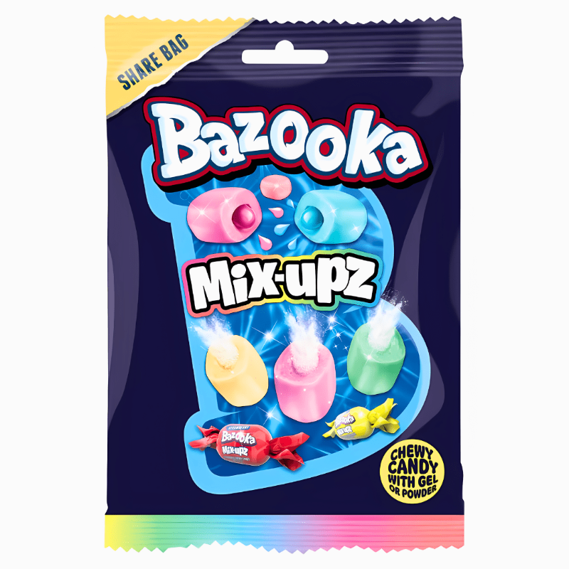 Bazooka Mix-Upz Share Bags 140g Verpackung
Bazooka Mix-Upz Kaubonbon Mix amerikanische Süßigkeiten
Bazooka Mix-Upz Share Bag fruchtige Chewy Candy Mischung
Bazooka Mix-Upz Candy Mix 140g Nahaufnahme
Bazooka Mix-Upz Share Bag USA Import Süßigkeiten