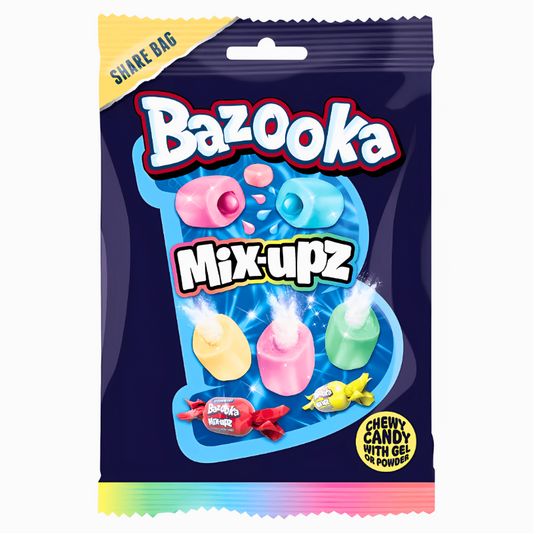 Bazooka Mix-Upz Share Bags 140g Verpackung
Bazooka Mix-Upz Kaubonbon Mix amerikanische Süßigkeiten
Bazooka Mix-Upz Share Bag fruchtige Chewy Candy Mischung
Bazooka Mix-Upz Candy Mix 140g Nahaufnahme
Bazooka Mix-Upz Share Bag USA Import Süßigkeiten