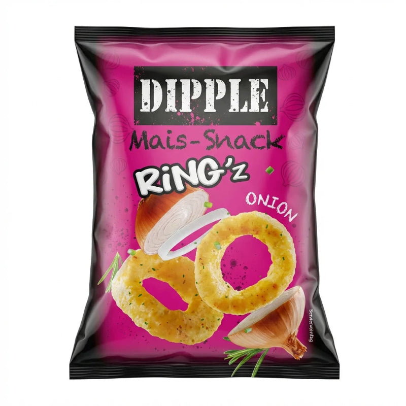 Dipple Ringz Zwiebelringe 20g Verpackung knusprige Mais Snackringe
Dipple Ringz Onion Rings 20g würziger Zwiebel Snack aus Mais
Dipple Ringz Zwiebelringe knusprige Maisringe mit Zwiebel Geschmack
Dipple Onion Rings Snack 20g luftige Maisringe mit Zwiebelwürze
Dipple Ringz Zwiebelringe Packung kleiner Snack mit Zwiebel Aroma