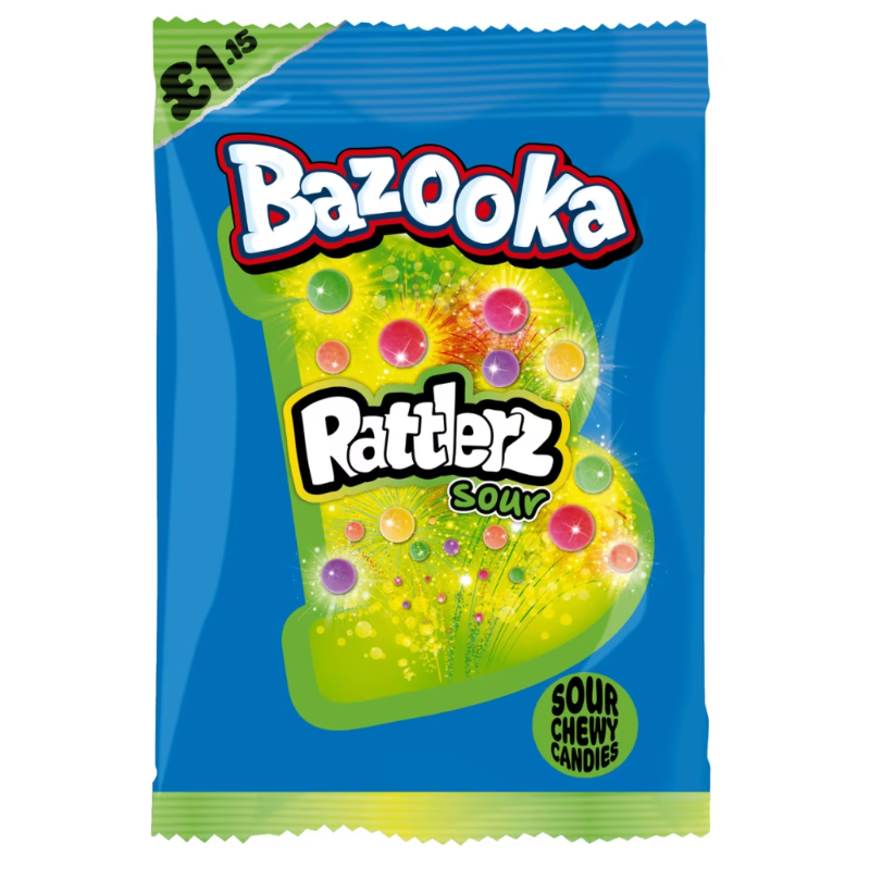 Bazooka Rattlerz Sour Chew Candy 100g Verpackung

Bazooka Rattlerz Sour Chew Candy amerikanische Kaubonbons

Bazooka Rattlerz Sour Candy fruchtige Kaubonbons Nahaufnahme

Bazooka Rattlerz Sour Chew Candy USA Import Süßigkeiten

Bazooka Rattlerz Sour Chewy Candy 100g Produktbild