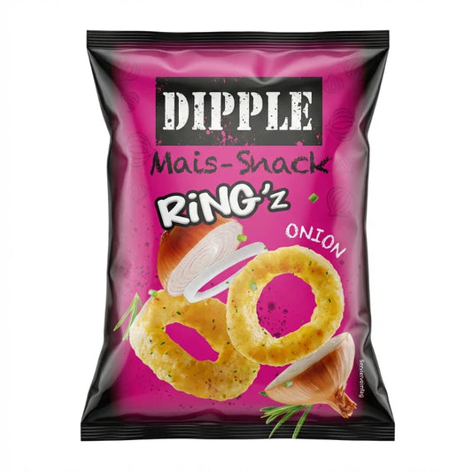 Dipple Ringz Zwiebelringe 20g Verpackung knusprige Mais Snackringe

Dipple Ringz Onion Rings 20g würziger Zwiebel Snack aus Mais

Dipple Ringz Zwiebelringe knusprige Maisringe mit Zwiebel Geschmack

Dipple Onion Rings Snack 20g luftige Maisringe mit Zwiebelwürze

Dipple Ringz Zwiebelringe Packung kleiner Snack mit Zwiebel Aroma