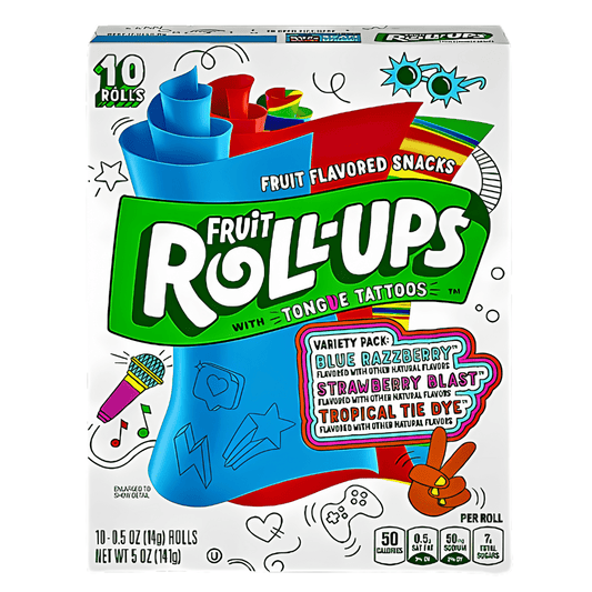 Fruit Roll ups Variety Pack Blue Raspberry, Strawberry Blast, Tropical Tye Dye Flavour 141g