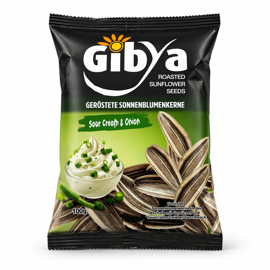 Gibya geröstete Sonnenblumenkerne Sour Cream & Onion 100g – knuspriger Snack mit cremigem Dip und frischen Frühlingszwiebeln